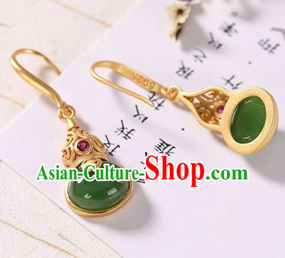 China Traditional Green Jade Ear Jewelry Accessories National Cheongsam Golden Gourd Earrings