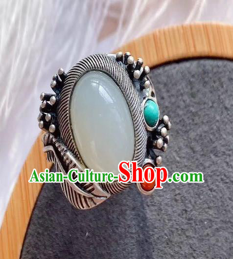 Chinese National Silver Ring Handmade Jewelry Accessories Classical White Chalcedony Circlet