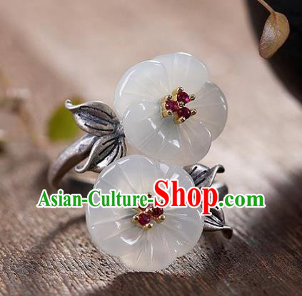 Chinese National Jade Plum Blossom Ring Handmade Jewelry Accessories Classical Silver Circlet