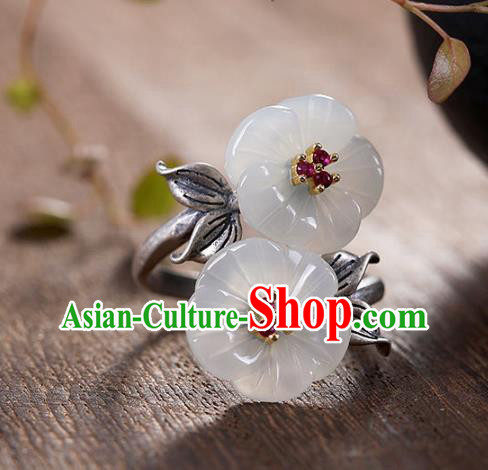 Chinese National Jade Plum Blossom Ring Handmade Jewelry Accessories Classical Silver Circlet