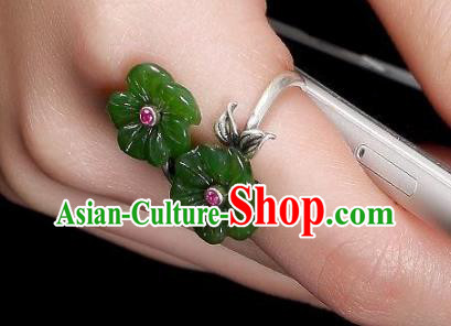 Chinese National Silver Carving Ring Handmade Jewelry Accessories Classical Green Jade Plum Circlet