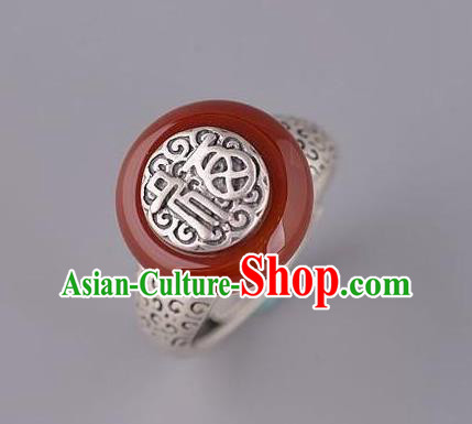 Chinese National Agate Peace Buckle Ring Handmade Jewelry Accessories Classical Silver Carving Circlet