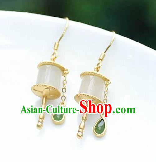 China Traditional Jade Ear Jewelry Accessories National Cheongsam Golden Prayer Wheel Earrings