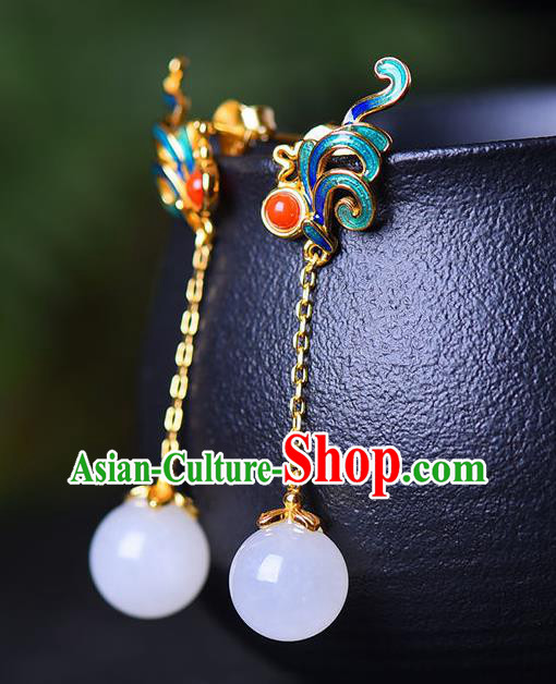China Traditional Qing Dynasty Cloisonne Ear Jewelry Accessories National Cheongsam Jade Bead Earrings