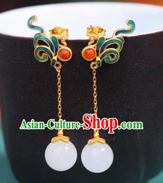 China Traditional Qing Dynasty Cloisonne Ear Jewelry Accessories National Cheongsam Jade Bead Earrings