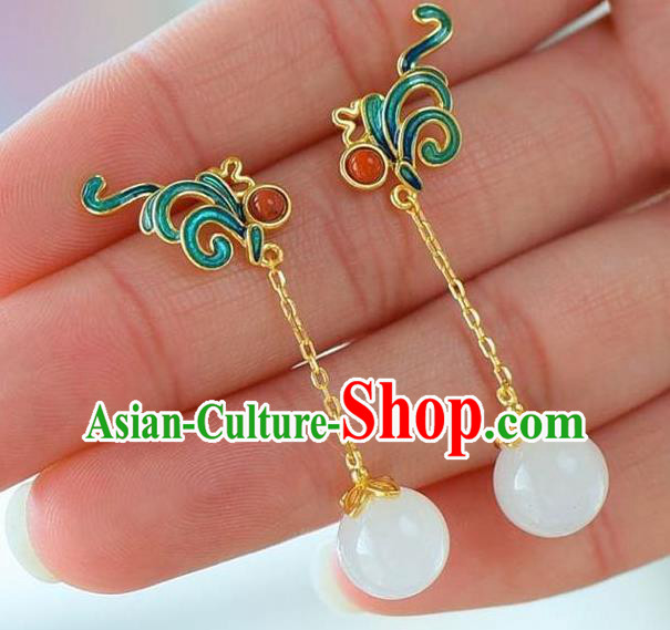 China Traditional Qing Dynasty Cloisonne Ear Jewelry Accessories National Cheongsam Jade Bead Earrings