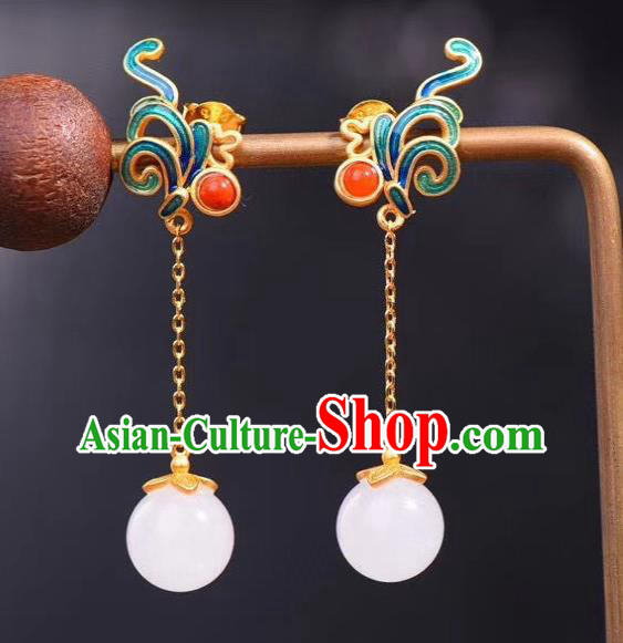China Traditional Qing Dynasty Cloisonne Ear Jewelry Accessories National Cheongsam Jade Bead Earrings