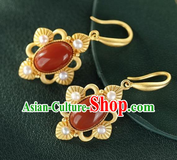 China Traditional Pearls Golden Ear Jewelry Accessories National Cheongsam Agate Earrings