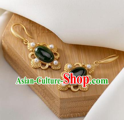 China Traditional Jade Ear Jewelry Accessories National Cheongsam Pearls Golden Earrings