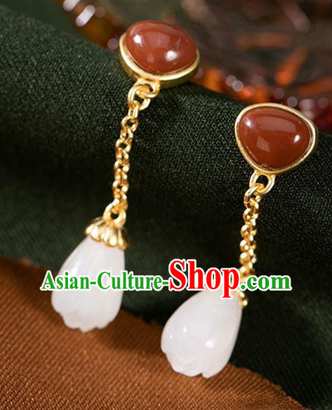 China Traditional Agate Golden Ear Jewelry Accessories National Cheongsam Jade Mangnolia Earrings