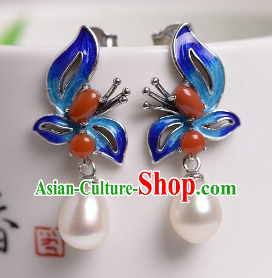 China Traditional Agate Pearl Ear Jewelry Accessories National Cheongsam Cloisonne Butterfly Earrings