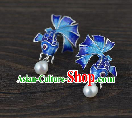 China Traditional Blueing Fish Ear Jewelry Accessories National Cheongsam Pearl Earrings