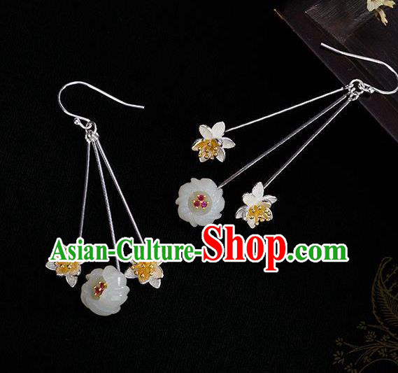 China Traditional Silver Lotus Ear Jewelry Accessories National Cheongsam Jade Plum Earrings