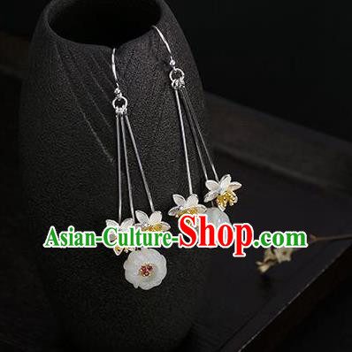 China Traditional Silver Lotus Ear Jewelry Accessories National Cheongsam Jade Plum Earrings