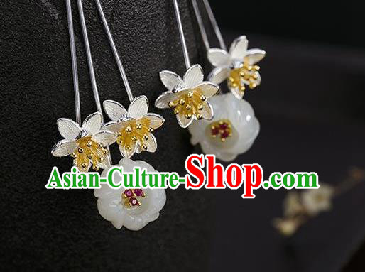 China Traditional Silver Lotus Ear Jewelry Accessories National Cheongsam Jade Plum Earrings