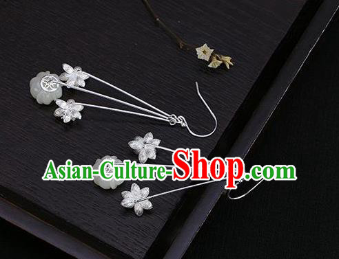 China Traditional Silver Lotus Ear Jewelry Accessories National Cheongsam Jade Plum Earrings