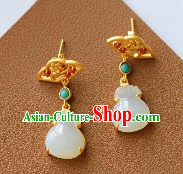 China Traditional Golden Ear Jewelry Accessories National Cheongsam Chalcedony Lucky Bag Earrings
