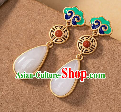 China Traditional White Jade Ear Jewelry Accessories National Cheongsam Enamel Cloud Earrings