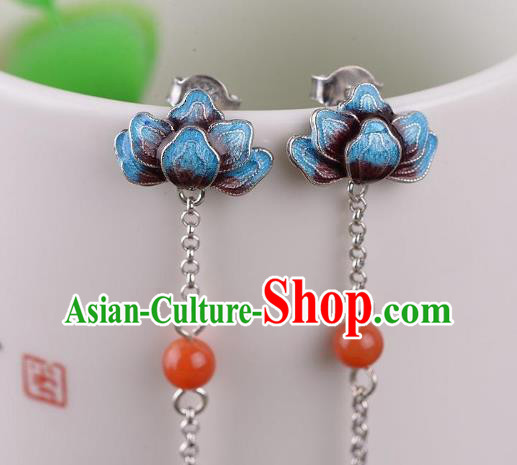 China Traditional Cloisonne Lotus Ear Jewelry Accessories National Cheongsam Jade Tassel Earrings