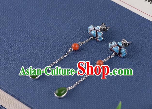 China Traditional Cloisonne Lotus Ear Jewelry Accessories National Cheongsam Jade Tassel Earrings