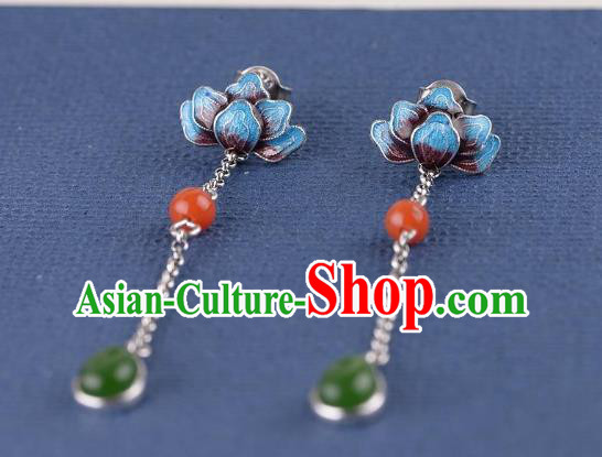 China Traditional Cloisonne Lotus Ear Jewelry Accessories National Cheongsam Jade Tassel Earrings
