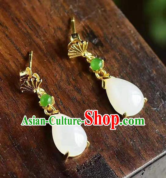 China Traditional Golden Fan Ear Jewelry Accessories National Cheongsam Jade Earrings