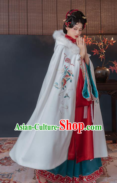 China Ancient Imperial Concubine Historical Clothing Traditional Ming Dynasty Embroidered Hanfu White Cape