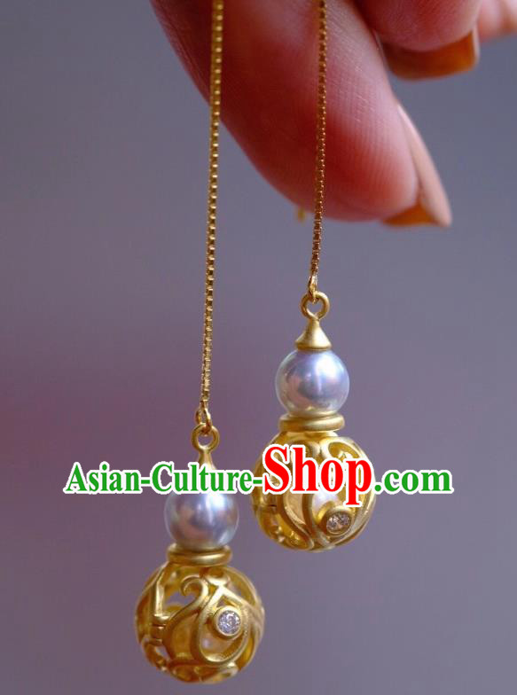 China Traditional Golden Gourd Ear Jewelry Accessories Classical Cheongsam Pearl Long Earrings