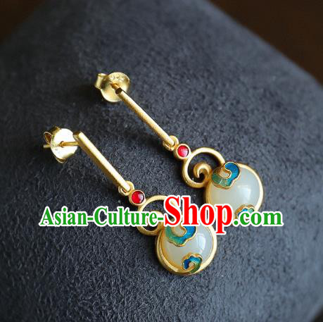 China Traditional Golden Ear Jewelry Accessories Classical Cheongsam Blueing Jade Earrings