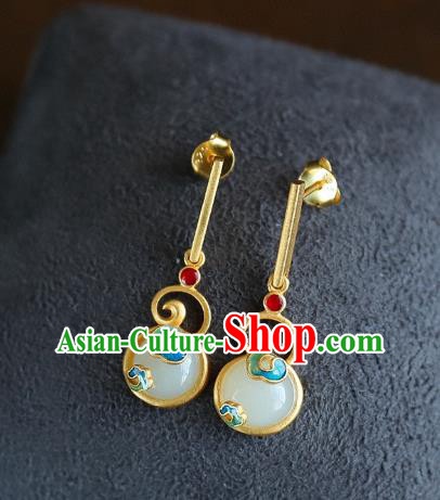 China Traditional Golden Ear Jewelry Accessories Classical Cheongsam Blueing Jade Earrings
