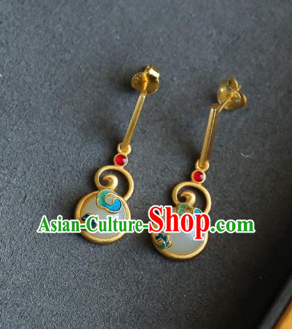 China Traditional Golden Ear Jewelry Accessories Classical Cheongsam Blueing Jade Earrings