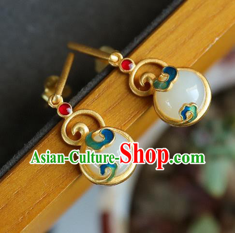 China Traditional Golden Ear Jewelry Accessories Classical Cheongsam Blueing Jade Earrings
