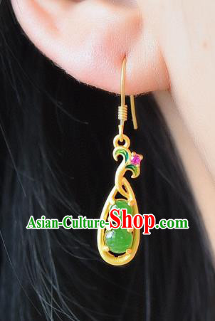 China Traditional Golden Pea Pod Ear Jewelry Accessories Classical Cheongsam Green Jade Earrings
