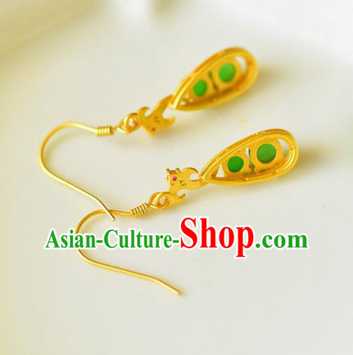 China Traditional Golden Pea Pod Ear Jewelry Accessories Classical Cheongsam Green Jade Earrings