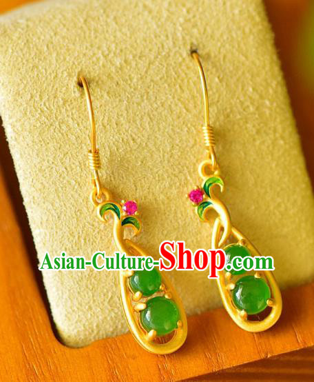 China Traditional Golden Pea Pod Ear Jewelry Accessories Classical Cheongsam Green Jade Earrings