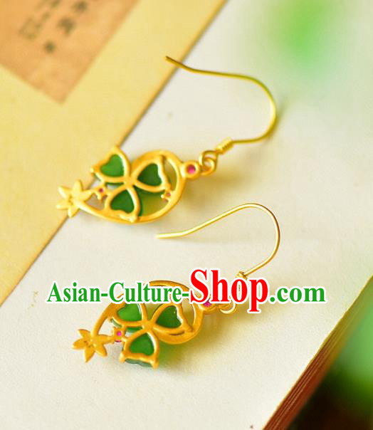 China Traditional Green Jade Ear Jewelry Accessories Classical Cheongsam Golden Earrings