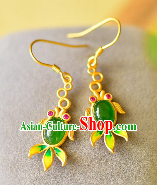 China Traditional Enamel Jade Ear Jewelry Accessories Classical Cheongsam Golden Fish Earrings