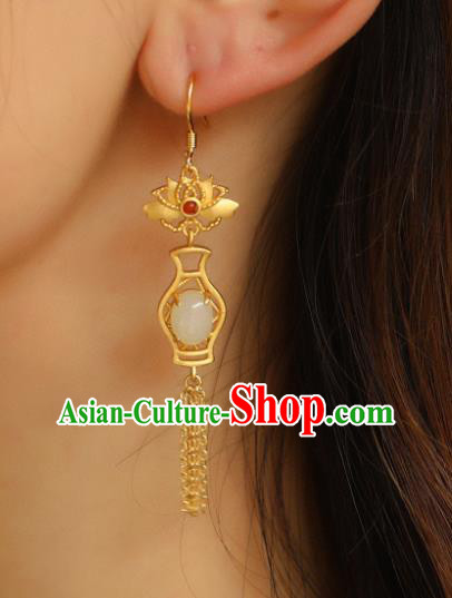 China Traditional Golden Lotus Tassel Ear Jewelry Accessories Classical Cheongsam Jade Vase Earrings