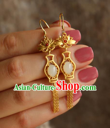 China Traditional Golden Lotus Tassel Ear Jewelry Accessories Classical Cheongsam Jade Vase Earrings
