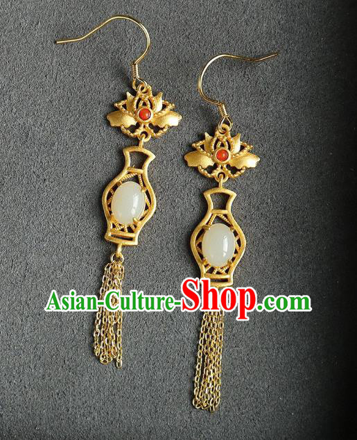 China Traditional Golden Lotus Tassel Ear Jewelry Accessories Classical Cheongsam Jade Vase Earrings