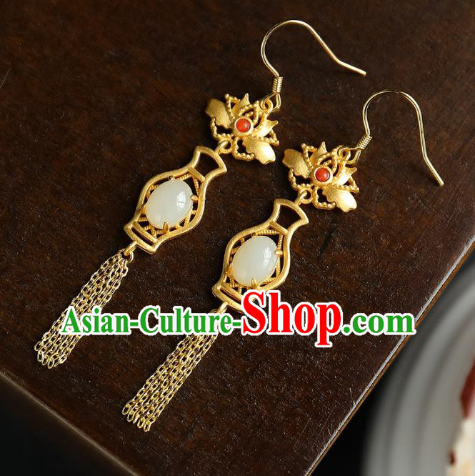 China Traditional Golden Lotus Tassel Ear Jewelry Accessories Classical Cheongsam Jade Vase Earrings