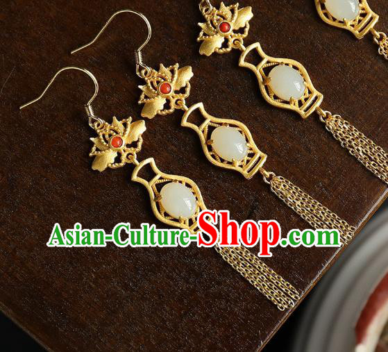 China Traditional Golden Lotus Tassel Ear Jewelry Accessories Classical Cheongsam Jade Vase Earrings