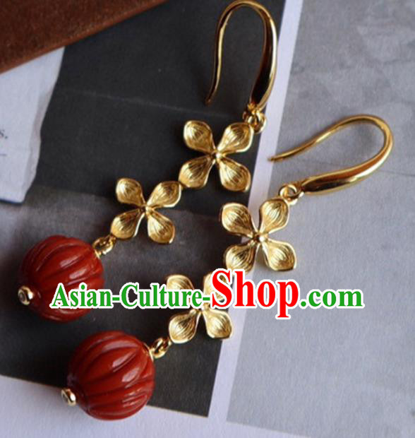 China Traditional Agate Ear Jewelry Accessories Classical Cheongsam Golden Flowers Earrings