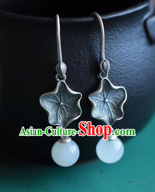 China Traditional Silver Lotus Leaf Ear Jewelry Accessories Classical Cheongsam Earrings