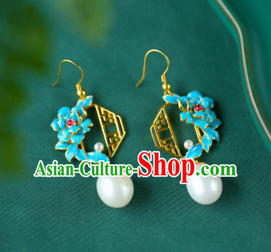 China Traditional Pearl Ear Jewelry Accessories Classical Cheongsam Blueing Peony Earrings