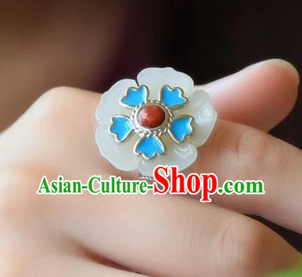 Chinese National Wedding Jade Plum Ring Handmade Jewelry Accessories Classical Blueing Silver Circlet
