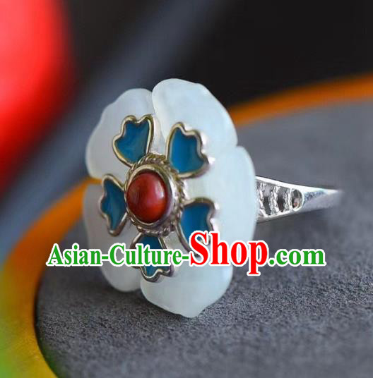 Chinese National Wedding Jade Plum Ring Handmade Jewelry Accessories Classical Blueing Silver Circlet