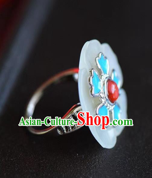 Chinese National Wedding Jade Plum Ring Handmade Jewelry Accessories Classical Blueing Silver Circlet