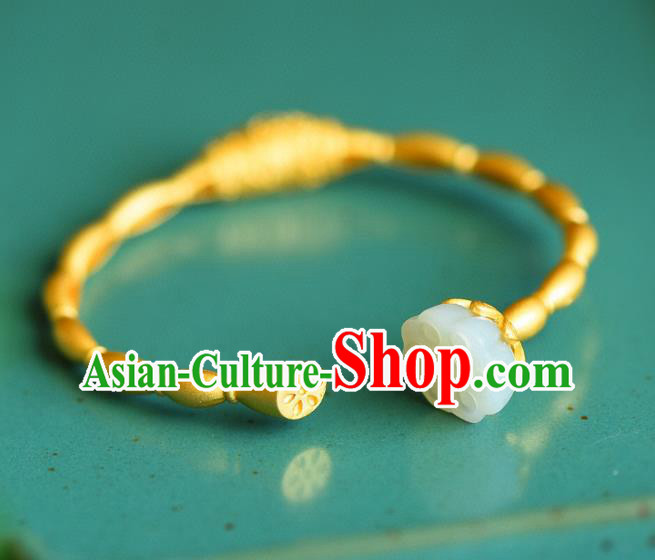 China Handmade Jade Lotus Seedpod Bracelet Accessories Traditional National Golden Bangle Jewelry