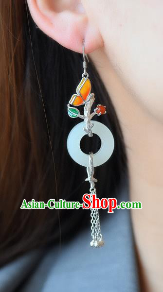 China Traditional Enamel Butterfly Ear Jewelry Accessories Classical Cheongsam Silver Tassel Jade Earrings